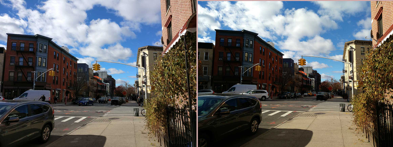 Left: OnePlus 3T photographs a vibrant blue sky. Right: Le Pro 3 creates a warmer image with much less detail in darker areas. (Images: Christina Warren/Gizmodo)